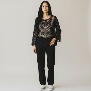 Simaier Solid Black Long Sleeve Sheer Round Neck Lace Floral Swim Coverup size M